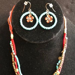 Blue and orange beaded necklace and earrings
